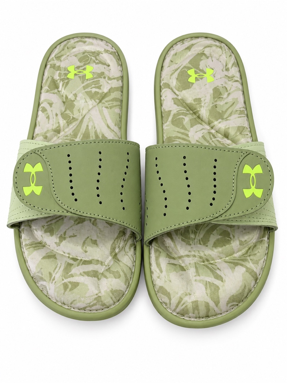 Under Armour Kids Olive Green Slide Sandals with Neon Yellow Logo